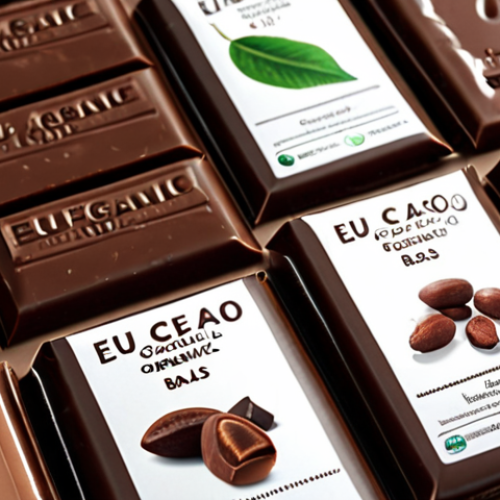 Home 11 **
A close-up shot of various organic chocolate bars with certifications like "EU Organic" visible. Focus on the smooth, shiny textures and rich colors of the chocolate. Perhaps include some cacao beans and cane sugar in the background to emphasize the natural ingredients.
**
