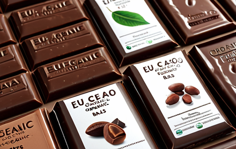 **
A close-up shot of various organic chocolate bars with certifications like "EU Organic" visible. Focus on the smooth, shiny textures and rich colors of the chocolate. Perhaps include some cacao beans and cane sugar in the background to emphasize the natural ingredients.
**