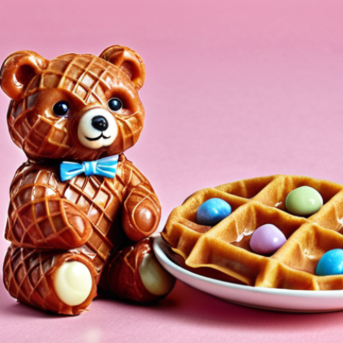 Home 6 **"Mishka Kosolapy" Candy:** A classic Russian candy with a crispy waffle shell, delicate praline filling, and a wrapper featuring a cute bear. The scene evokes childhood memories and nostalgia.