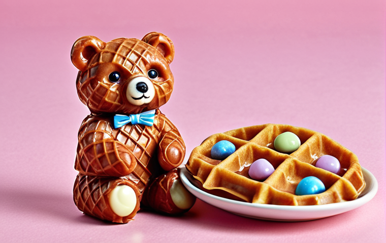 **"Mishka Kosolapy" Candy:** A classic Russian candy with a crispy waffle shell, delicate praline filling, and a wrapper featuring a cute bear. The scene evokes childhood memories and nostalgia.