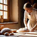 A rustic kitchen scene featuring a baker kneading dough by hand on a floured wooden surface. Sunlight streams through a window, illuminating the baker's hands and the elastic dough. Various types of flour (wheat, rye, spelt) are displayed in glass jars. In the background, a loaf of bread is rising in a warm spot near a traditional Russian stove. The overall mood is warm, inviting, and focused on the traditional method of bread making.