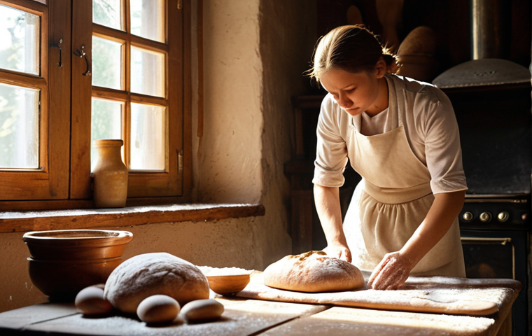 A rustic kitchen scene featuring a baker kneading dough by hand on a floured wooden surface. Sunlight streams through a window, illuminating the baker's hands and the elastic dough. Various types of flour (wheat, rye, spelt) are displayed in glass jars. In the background, a loaf of bread is rising in a warm spot near a traditional Russian stove. The overall mood is warm, inviting, and focused on the traditional method of bread making.