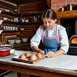 **

A cozy kitchen scene in a Russian dacha. A woman, fully clothed in a traditional sarafan and apron, is preparing dough. On the wooden table are ingredients: organic rye flour in a cloth bag, a jar of local honey, and fresh eggs. In the background, a traditional Russian brick oven ("pechka") is visible. Include elements like hand-painted wooden utensils. Safe for work, appropriate content, fully clothed, professional photography, perfect anatomy, natural proportions, modest setting, family-friendly.

**