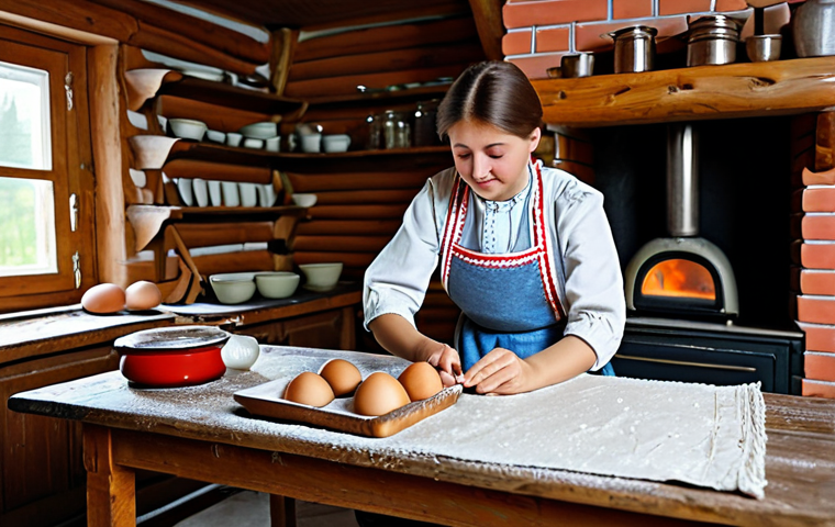 **
A cozy kitchen scene in a Russian dacha. A woman, fully clothed in a traditional sarafan and apron, is preparing dough. On the wooden table are ingredients: organic rye flour in a cloth bag, a jar of local honey, and fresh eggs. In the background, a traditional Russian brick oven ("pechka") is visible. Include elements like hand-painted wooden utensils. Safe for work, appropriate content, fully clothed, professional photography, perfect anatomy, natural proportions, modest setting, family-friendly.
**