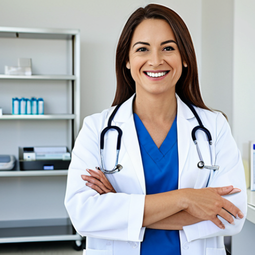 Home 9 **
A professional female doctor in a fully clothed, modest white lab coat, smiling gently. She stands in a bright, clean modern hospital office with medical equipment visible in the background. The scene is well-lit with natural light. Perfect anatomy, correct proportions, natural pose, well-formed hands, proper finger count, natural body proportions. Safe for work, appropriate content, fully clothed, professional. High quality, detailed.
**
