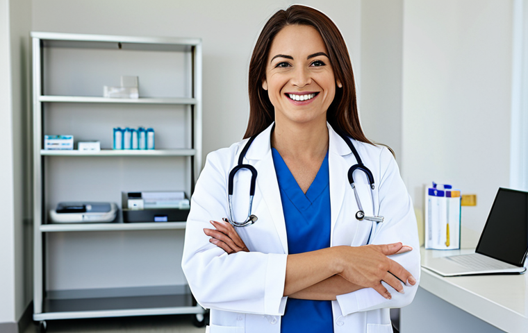 **
A professional female doctor in a fully clothed, modest white lab coat, smiling gently. She stands in a bright, clean modern hospital office with medical equipment visible in the background. The scene is well-lit with natural light. Perfect anatomy, correct proportions, natural pose, well-formed hands, proper finger count, natural body proportions. Safe for work, appropriate content, fully clothed, professional. High quality, detailed.
**