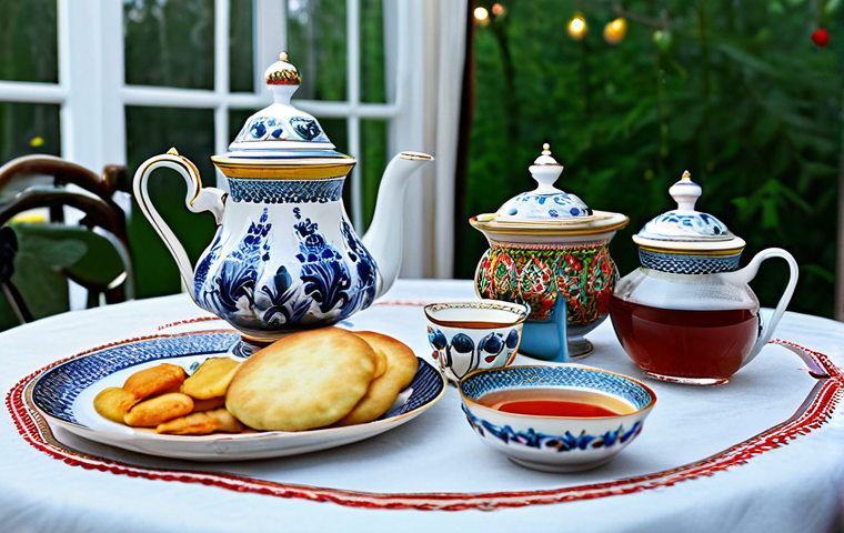 제과 공정별 원료 - Traditional Russian Tea Party**
"A cozy indoor scene depicting a traditional Russian tea party. A s...