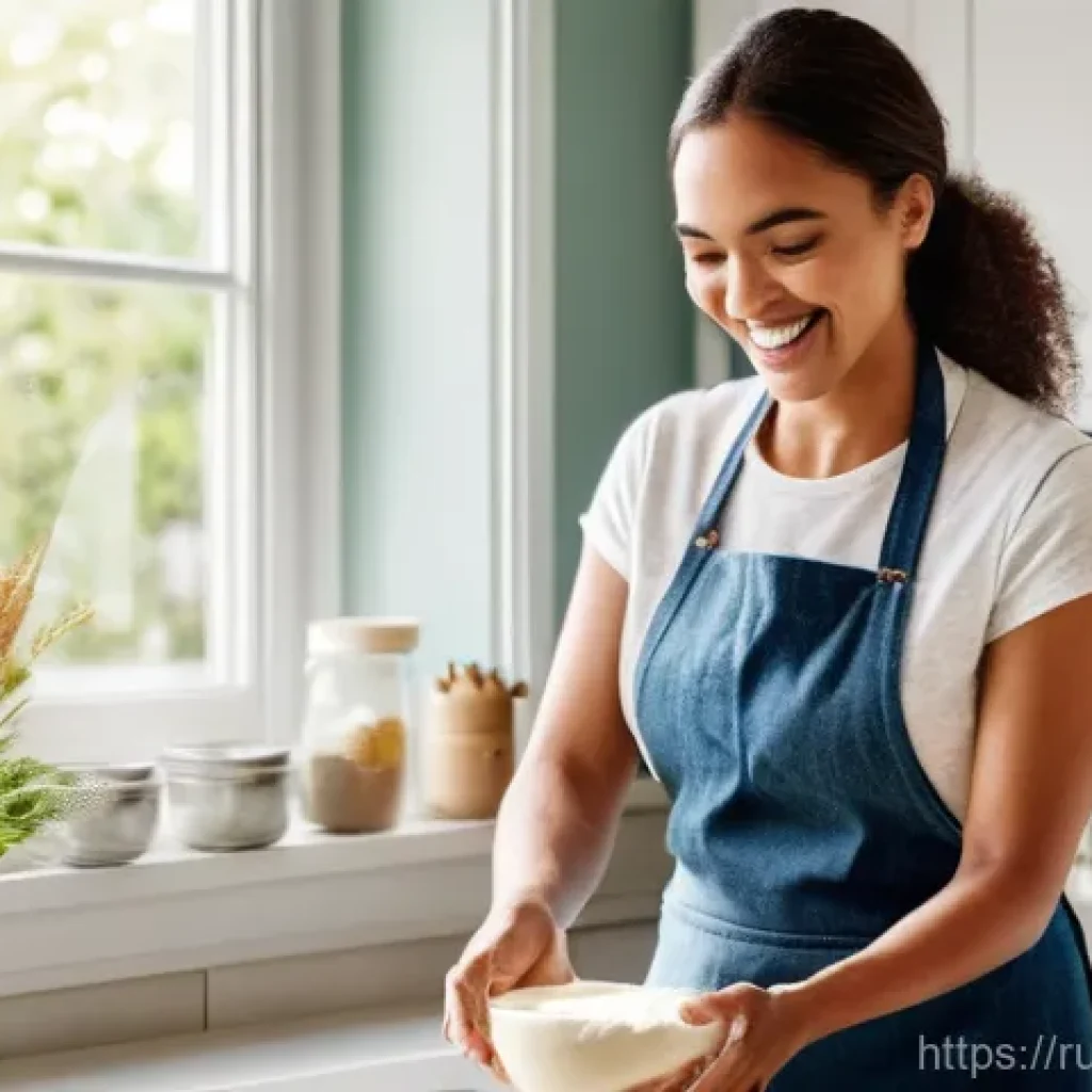 설탕 대체제 사용 제과 - **Prompt:** A cheerful woman in her late 20s or early 30s, dressed in a casual yet stylish apron ove...