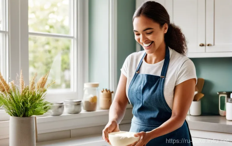 설탕 대체제 사용 제과 - **Prompt:** A cheerful woman in her late 20s or early 30s, dressed in a casual yet stylish apron ove...