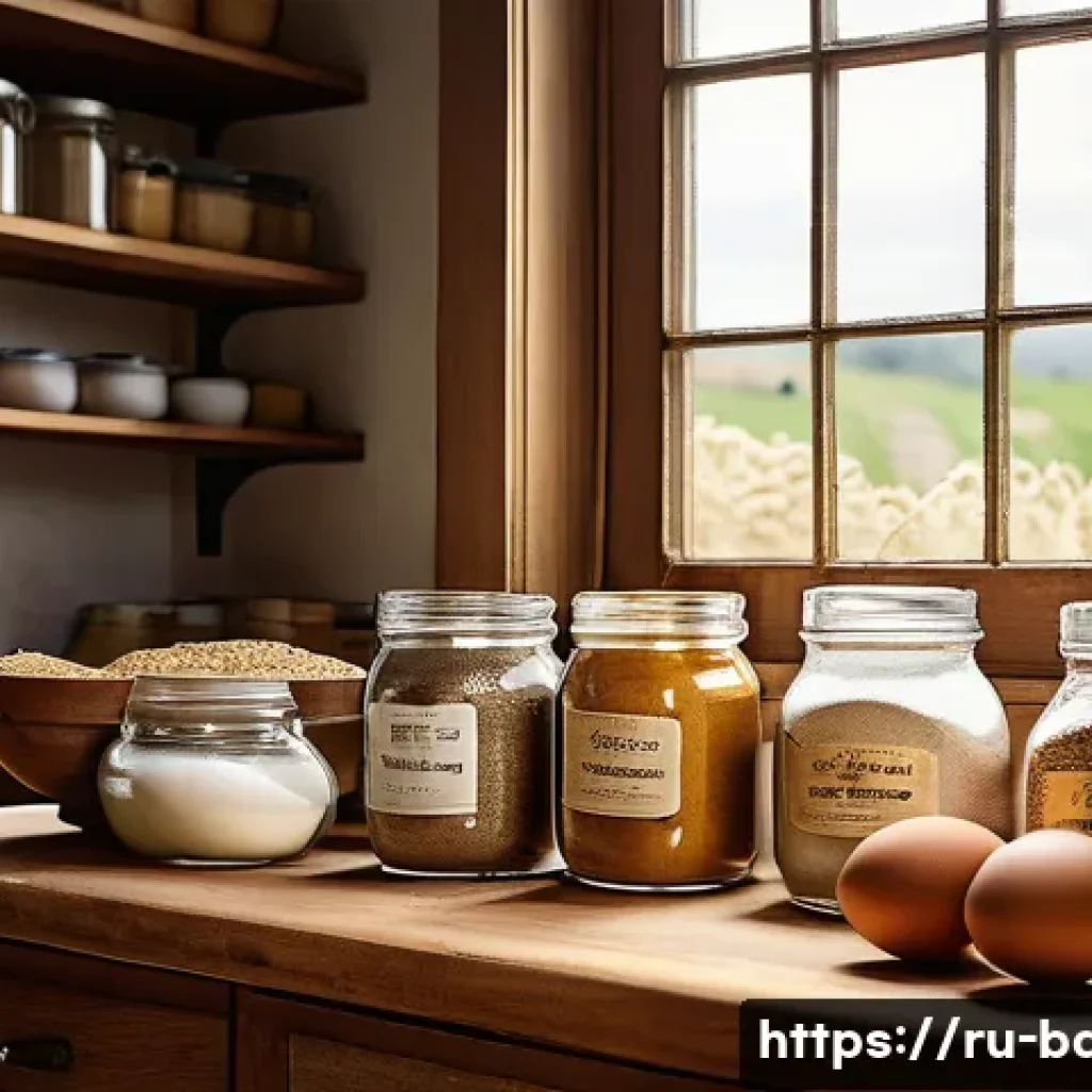 유기농 제과 원료 - A rustic kitchen scene showcasing a variety of organic baking ingredients on a wooden countertop: sa...