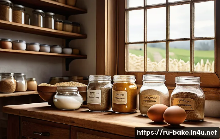 유기농 제과 원료 - A rustic kitchen scene showcasing a variety of organic baking ingredients on a wooden countertop: sa...