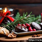 Home 21 크리스마스 한정 제과 제품 - A festive holiday scene featuring an elegant assortment of Christmas sweets displayed on a rustic wo...