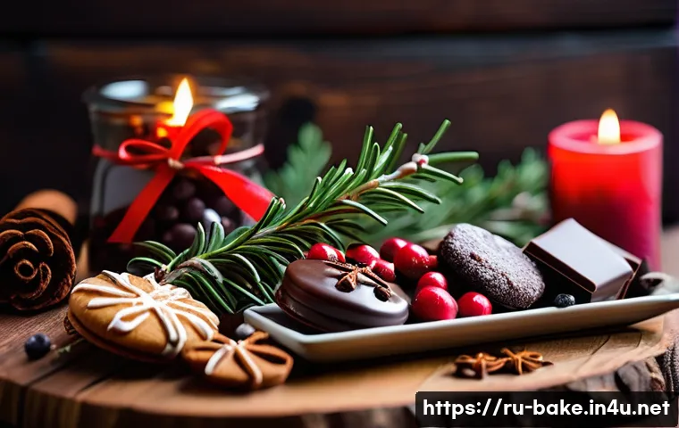 크리스마스 한정 제과 제품 - A festive holiday scene featuring an elegant assortment of Christmas sweets displayed on a rustic wo...