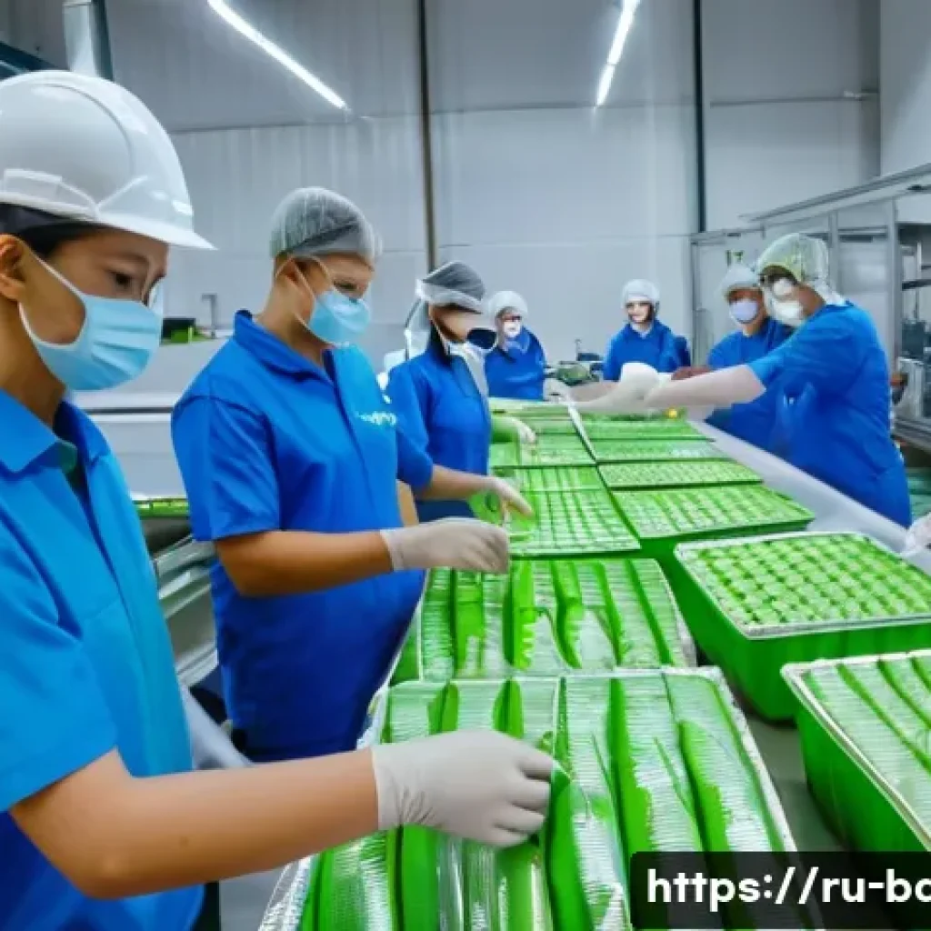 과자 브랜드 친환경 정책 - A vibrant scene of a modern snack packaging factory focusing on eco-friendly materials, showcasing b...