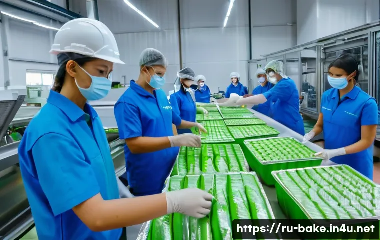 과자 브랜드 친환경 정책 - A vibrant scene of a modern snack packaging factory focusing on eco-friendly materials, showcasing b...