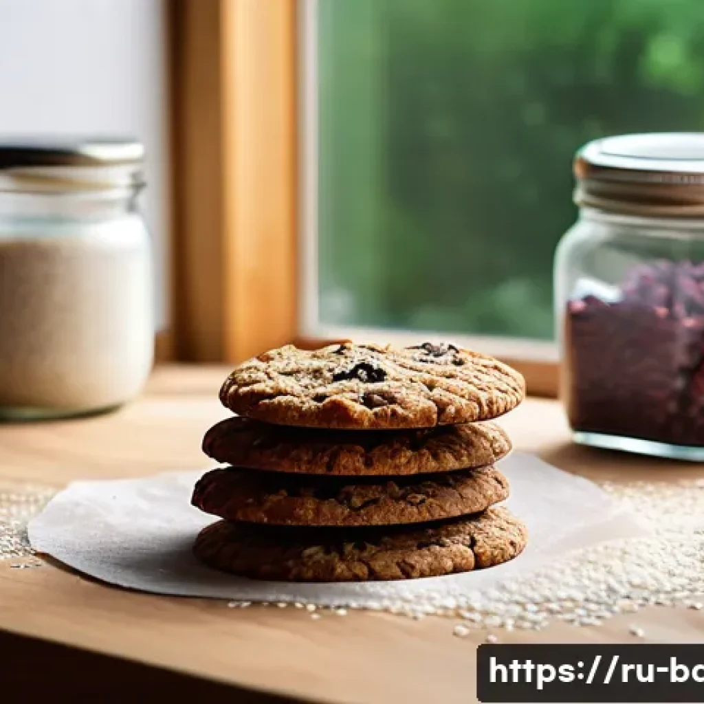저칼로리 쿠키 제품 - A cozy kitchen scene featuring a wooden table with freshly baked low-calorie cookies made from whole...