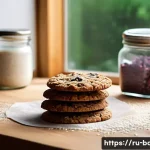 Home 19 저칼로리 쿠키 제품 - A cozy kitchen scene featuring a wooden table with freshly baked low-calorie cookies made from whole...