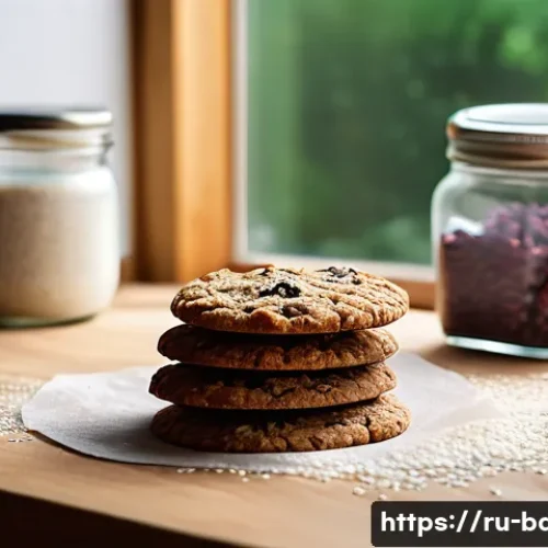 Home 31 저칼로리 쿠키 제품 - A cozy kitchen scene featuring a wooden table with freshly baked low-calorie cookies made from whole...