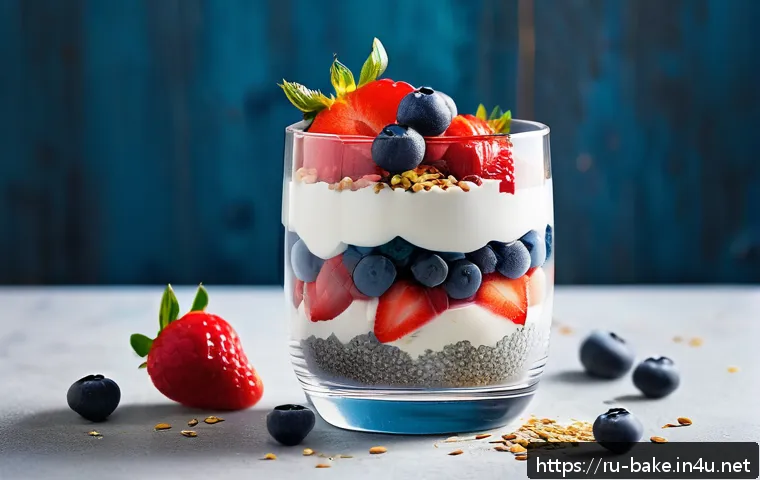 영양강화 제과 레시피 - A vibrant and appetizing layered yogurt parfait in a transparent glass, featuring fresh seasonal ber...