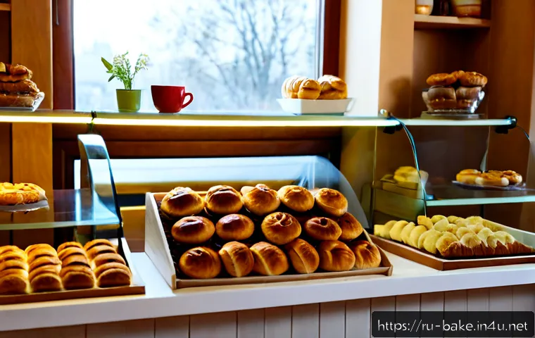 Home 17 로우카페인 제과 제품 - Photorealistic cozy Russian bakery counter featuring a neat display of low-caffeine pastries: butter...