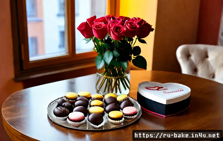 기념일 선물 제과 - Photorealistic anniversary confectionery gift box on a polished wooden table in a cozy Moscow apartm...