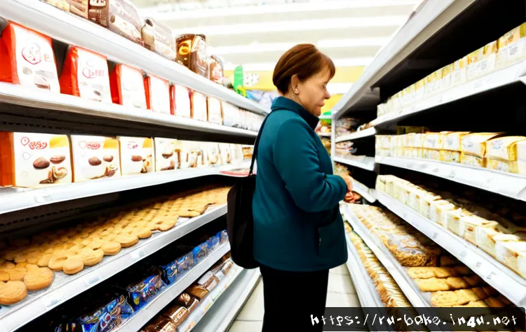 Home 17 국내 유명 제과 브랜드 - Photorealistic Russian supermarket bakery aisle, neatly arranged unbranded packages of popular local...